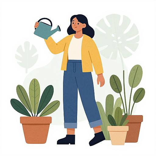 Digital illustration of a woman with black hair, yellow jacket, white shirt, blue pants, watering two potted plants with a blue watering can.
