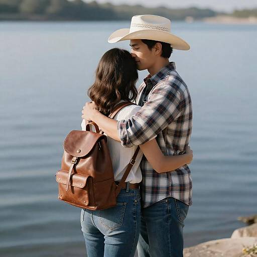 Sunlit Waterfront Cowboy Couple Embrace