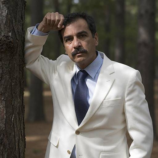 Mustached Man in White Suit in Forest