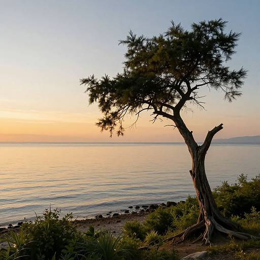 Photograph of a solitary, curved tree with sparse foliage standing on a rocky shore at sunset, with a calm, golden-hued sea and distant mountains