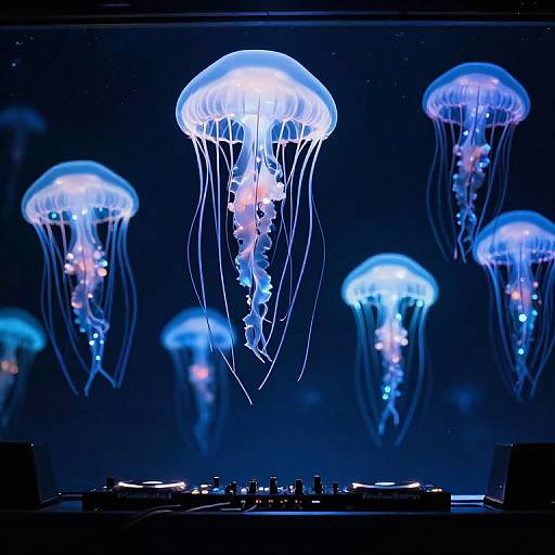 Photograph of vibrant blue and white jellyfish illuminated against a dark background, floating above a DJ console with glowing lights.