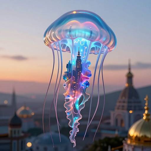 Photograph of a glowing, transparent jellyfish with blue and pink bioluminescence, featuring a cityscape with domed buildings in the background at