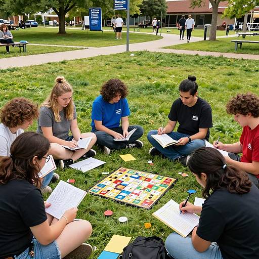 Photograph of six diverse college students, sitting in a grassy park, studying and working on a colorful puzzle, surrounded by papers and notebooks.