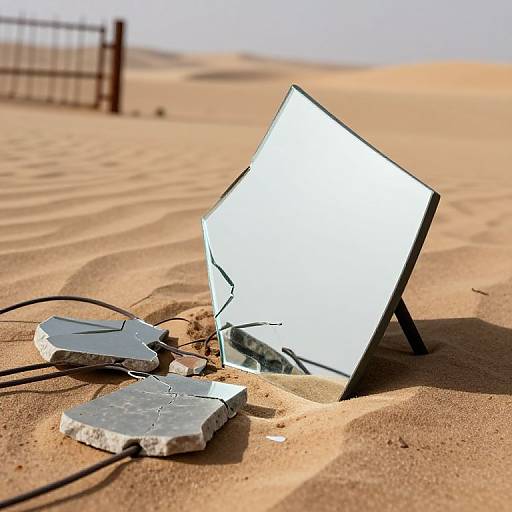 Photograph of a broken, reflective square mirror leaning in sandy desert, with two cracked metal plates and black wires in the foreground.