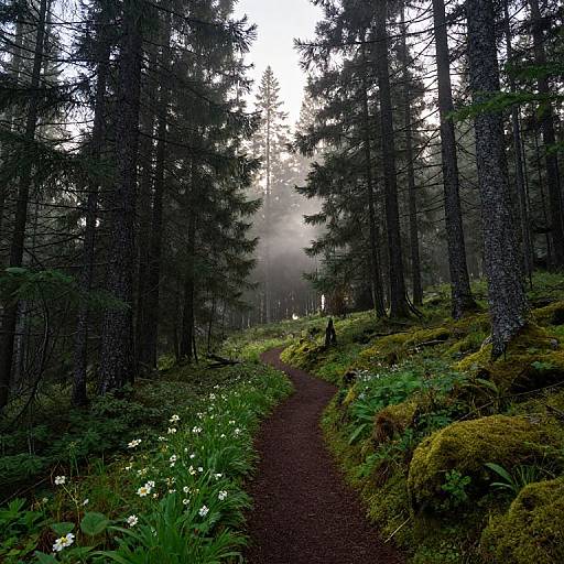 Photograph of a misty forest pathway with tall, dark pine trees, moss-covered ground, and white wildflowers lining the dirt trail.