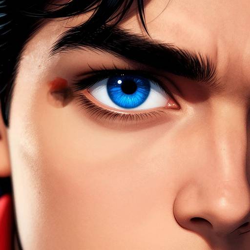 Close-up digital artwork of a determined male face with intense blue eye, dark eyebrows, and slight red mark near the eye.
