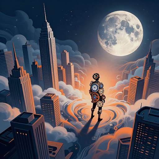 Digital artwork of a clockwork figure standing on swirling clouds above a cityscape at night, with a large full moon illuminating the scene.