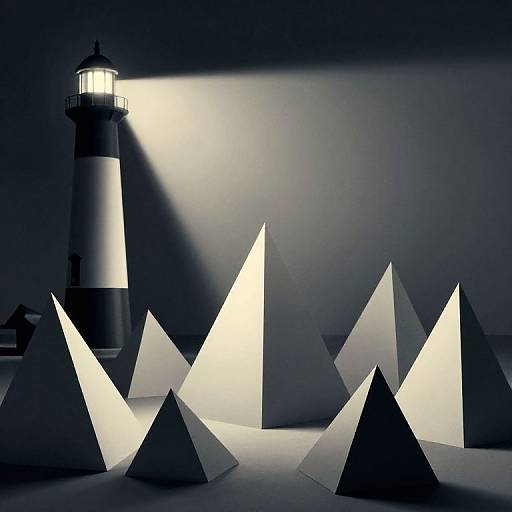 Photograph of a black and white lighthouse casting a bright beam onto a shadowy scene of illuminated white geometric pyramids.