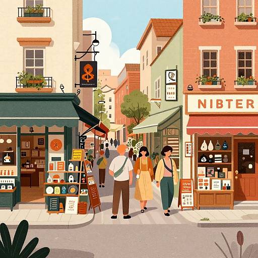 Digital illustration of a bustling street with colorful buildings, signs, and pedestrians in summer clothes shopping and walking. Bright, vibrant, and detailed urban scene.