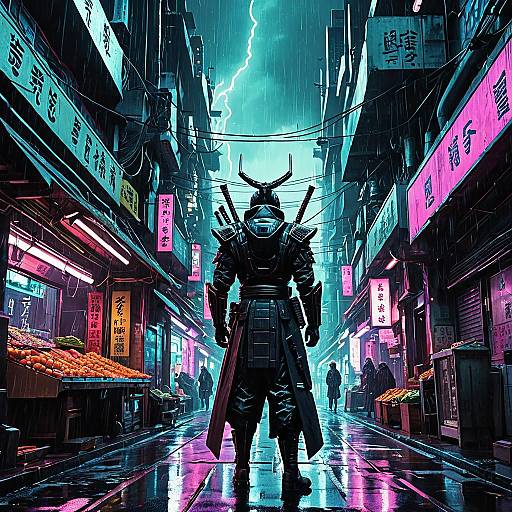 Futuristic Cyber Samurai in Neon Market Alley