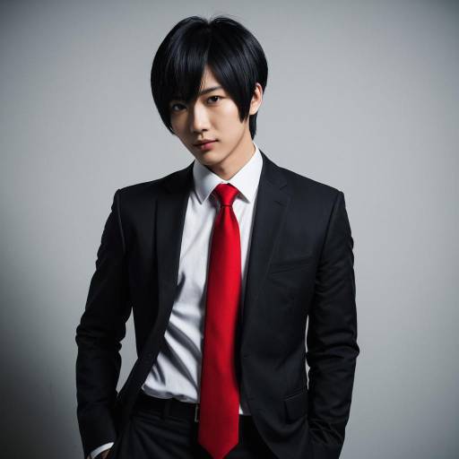 Young Man in Black Suit with Red Tie
