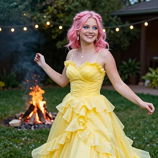 Photograph of a smiling young woman with pink hair, wearing a ruffled, yellow strapless dress, standing by a fire pit at night, with