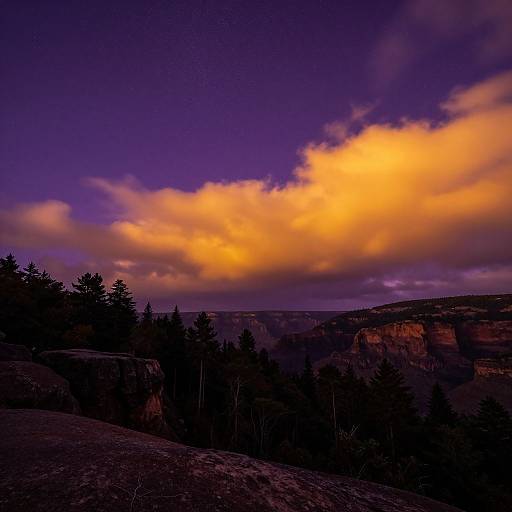 Photograph of a dramatic sunset over a rugged canyon, with vibrant orange and purple clouds, dark silhouetted trees, and rocky cliffs.