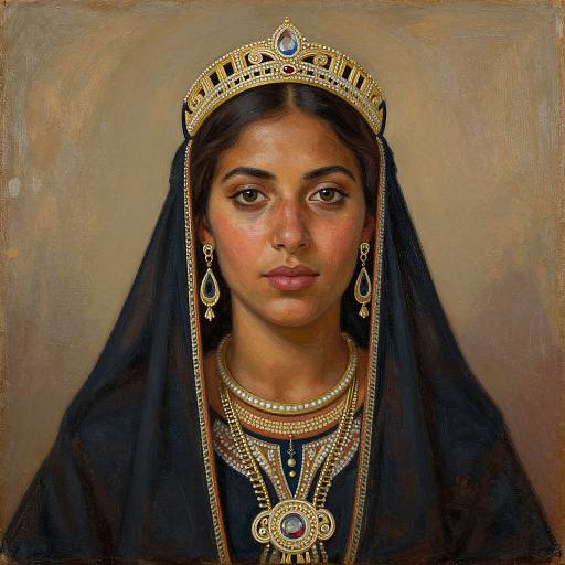 Digital portrait of a serene young woman with dark hair, wearing a gold crown, black veil, teardrop earrings, and elaborate gold jewelry, against