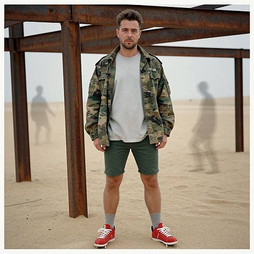 Photograph of a bearded man in camouflage jacket, white tee, green shorts, gray socks, red sneakers, standing under rusty metal structure on sandy