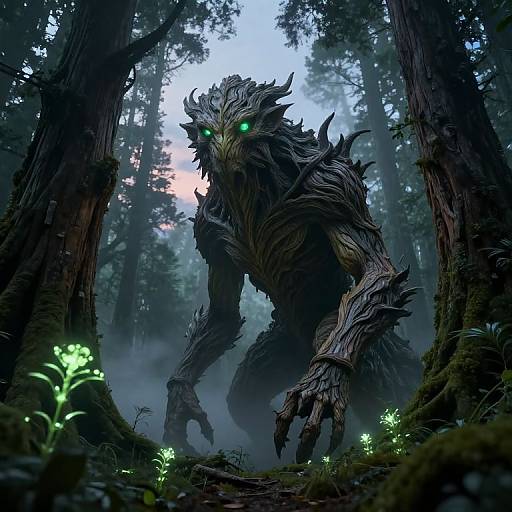 Digital fantasy artwork of a towering, menacing, tree-like monster with glowing green eyes, standing in a misty, dark forest.