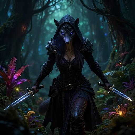 Digital art of a fierce, wolf-headed warrior in dark armor with glowing blue eyes, wielding two swords in a mystical, forested, biolumines
