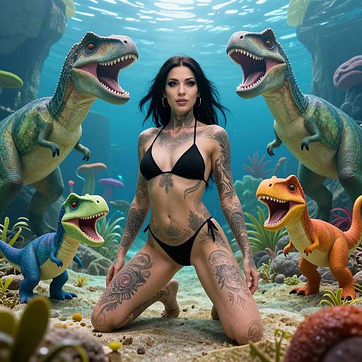 Tattooed woman in black bikini kneeling underwater, surrounded by colorful, realistic dinosaurs; vibrant ocean backdrop with coral and rocks. CGI image.