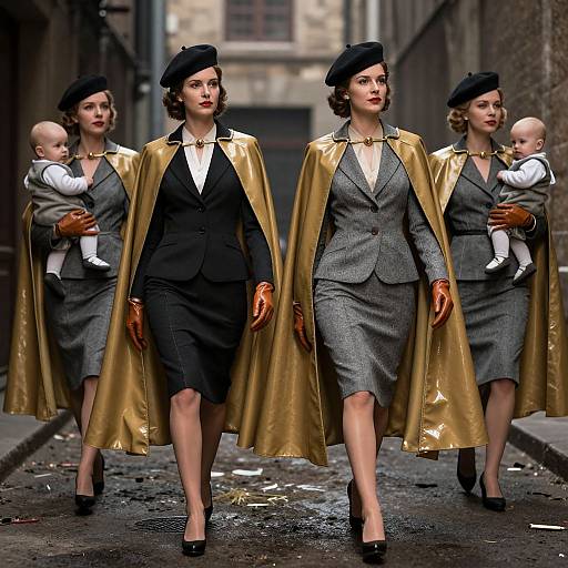 Photograph-style CGI of three women in 1940s-style grey suits, black hats, gold capes, and red gloves, walking down a