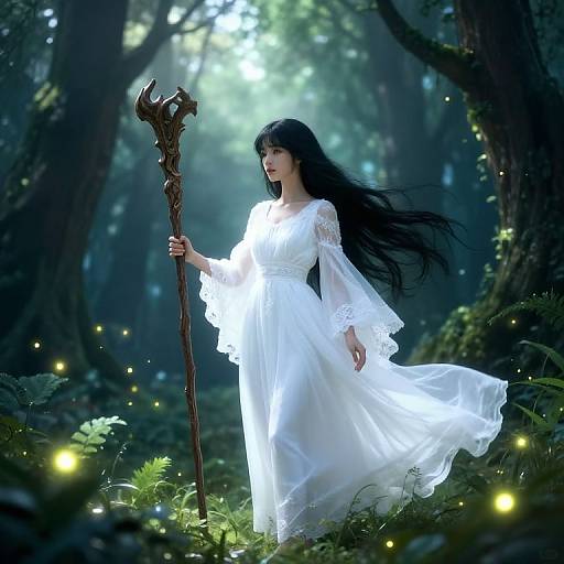Ethereal photograph of a long-haired, pale-skinned woman in a glowing white dress holding a mystical staff in a forest illuminated by fireflies.