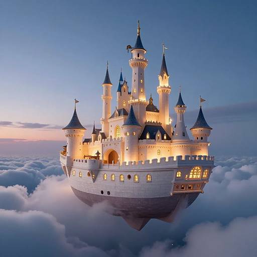 Photograph of a glowing, white, fairy-tale castle with multiple spires and blue roofs, floating among clouds at twilight.