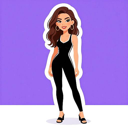 Digital illustration of a smiling woman with long brown hair, wearing a black tank top and pants, hoop earrings, and black sandals, standing against a purple