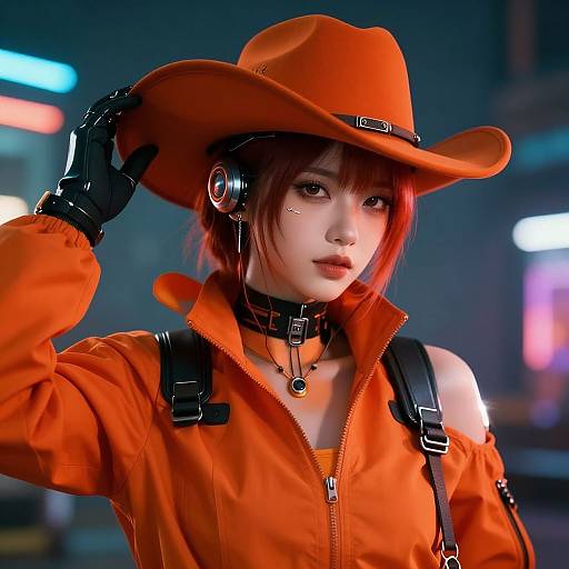 Digital art of a red-haired woman in a vibrant orange jacket, black gloves, and hat, wearing headphones and a choker, set against a neon