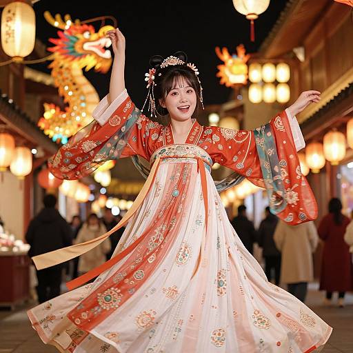 Photograph of a joyful Asian woman in a vibrant red and white traditional kimono with floral patterns, dancing at night in a festive, lantern-lit