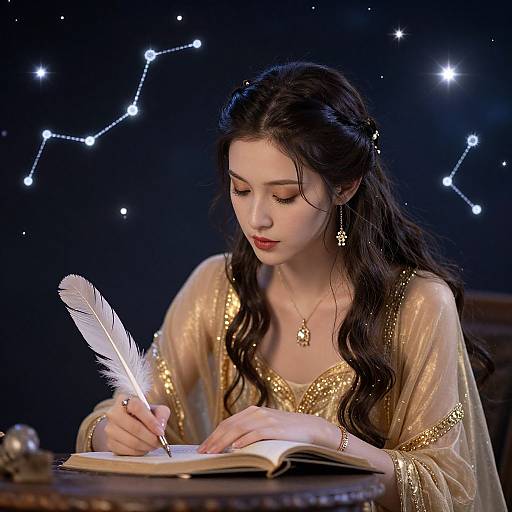 Photograph of a fair-skinned, long-haired woman in a gold, sheer robe writing with a white feather quill under a starry night sky