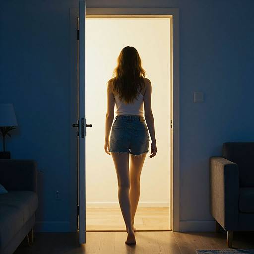 Photograph of a woman with long brown hair, wearing a white crop top and denim shorts, silhouetted against bright light from an open door