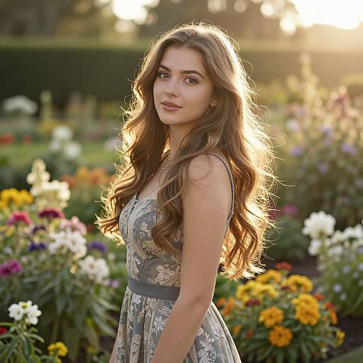 Photograph of a beautiful young woman with long, wavy brown hair in a floral dress, standing in a sunlit garden filled with colorful flowers.