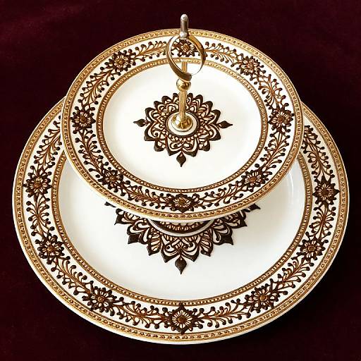 Photograph of an ornate, white porcelain dessert plate with intricate black floral and leaf patterns, stacked on itself against a black background.