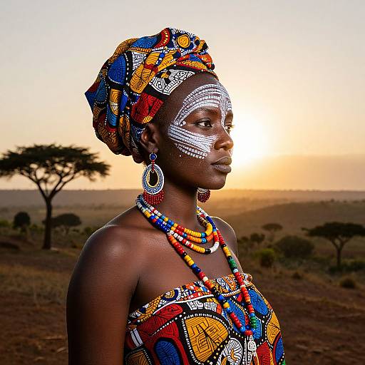 Photograph of an African woman with dark skin, adorned in vibrant, colorful beadwork and traditional patterns, standing at sunset in a savanna landscape with