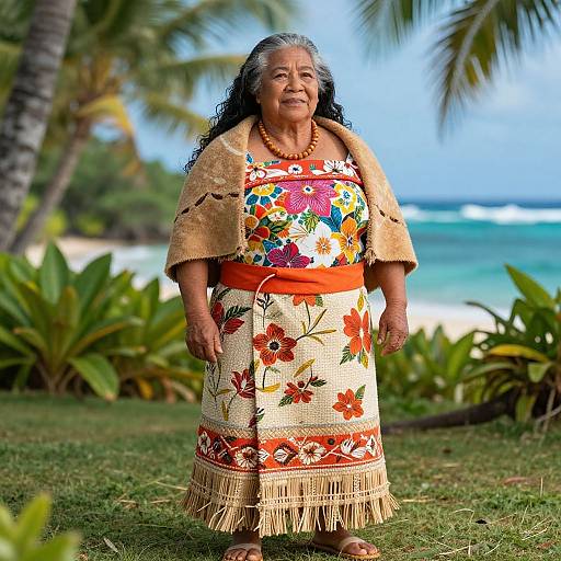 Photograph of an elderly Native Hawaiian woman with long gray hair, wearing a colorful floral dress, beige shawl, and orange bead necklace, standing on