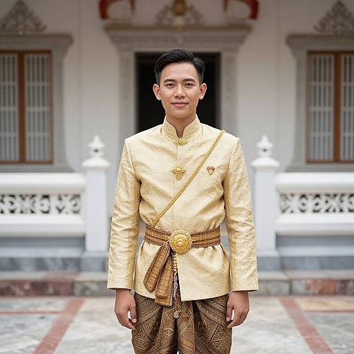 Photograph of a young Asian man in traditional Thai golden attire, featuring a long-sleeved shirt and patterned pants, standing in front of a