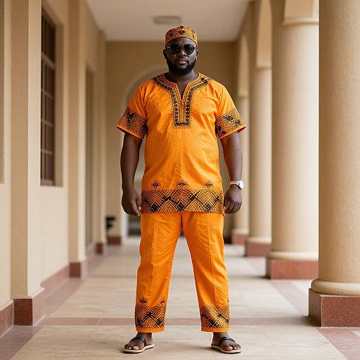 Photograph of a dark-skinned man in bright orange traditional African attire with black patterned trim, wearing sunglasses and a matching hat, standing in a