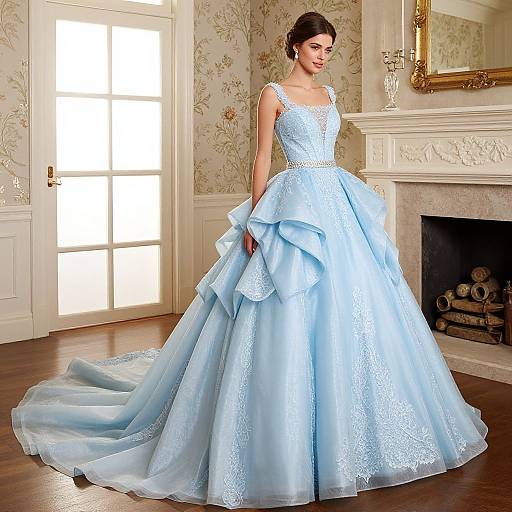 Photograph of a woman in a light blue, lace-embellished, full-skirted wedding gown with a long train, standing in an