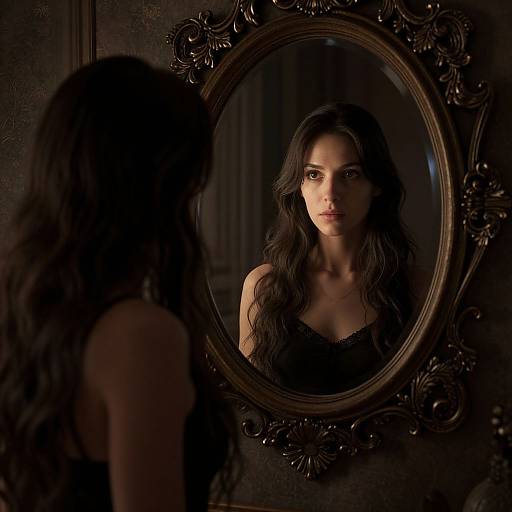 Photograph of a woman with long, wavy black hair, wearing a black lace top, standing in front of an ornate oval mirror, g