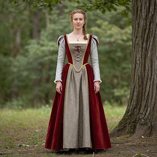 Photograph of a young woman with light brown hair in a braid, wearing a medieval-style red and gray dress with white sleeves, standing in a
