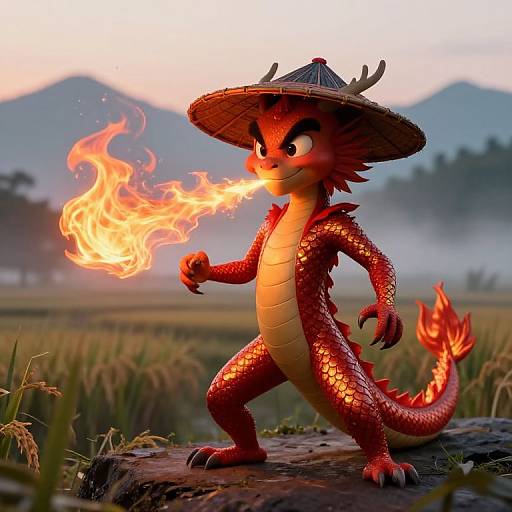 Digital illustration of a red, scaly dragon with a conical hat, standing on a log, breathing fire in a misty rice field with mountains