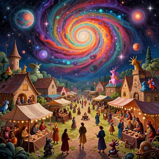 Whimsical, colorful night market under a vibrant, swirling galaxy sky; fairy-tale houses, illuminated stalls, fantasy creatures, and starry background