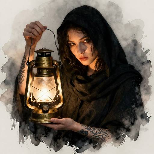 Mysterious woman with dark hair, tattoos, and glowing lantern, holding it close. Shadowy, ethereal background. Digital artwork with dramatic lighting.