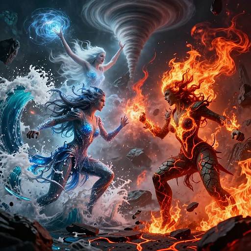 Digital fantasy artwork: Two opposing figures, one with icy blue magic and water, the other with fiery orange flames and dark magic, clash in a dramatic