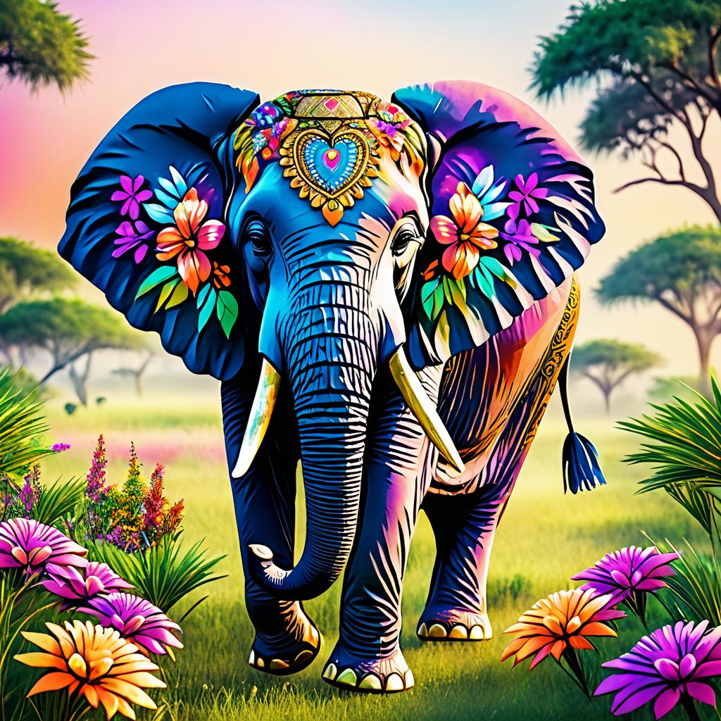 Vibrant Elephant in Floral Savannah Landscape