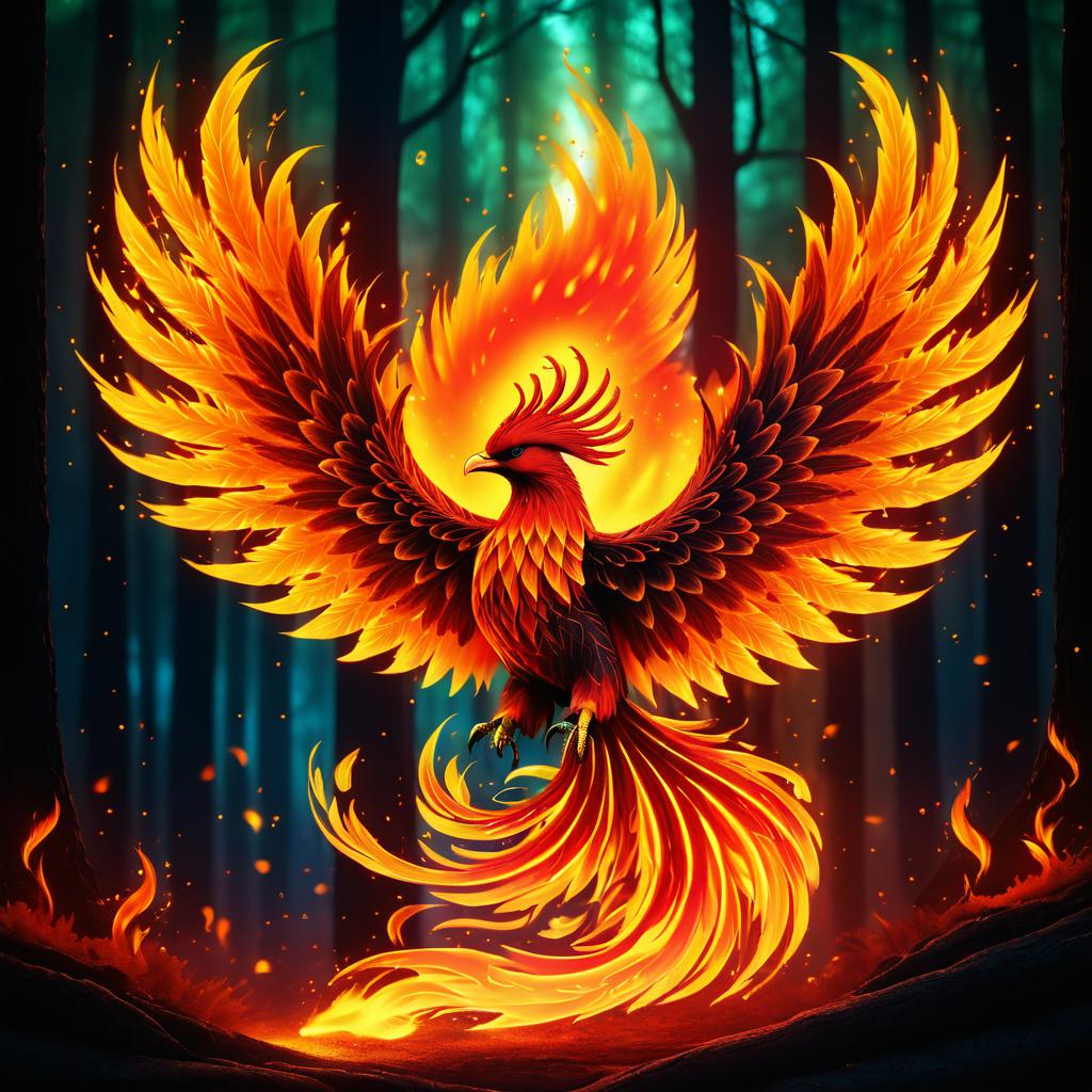 Mystical Phoenix in Fiery Forest Scene