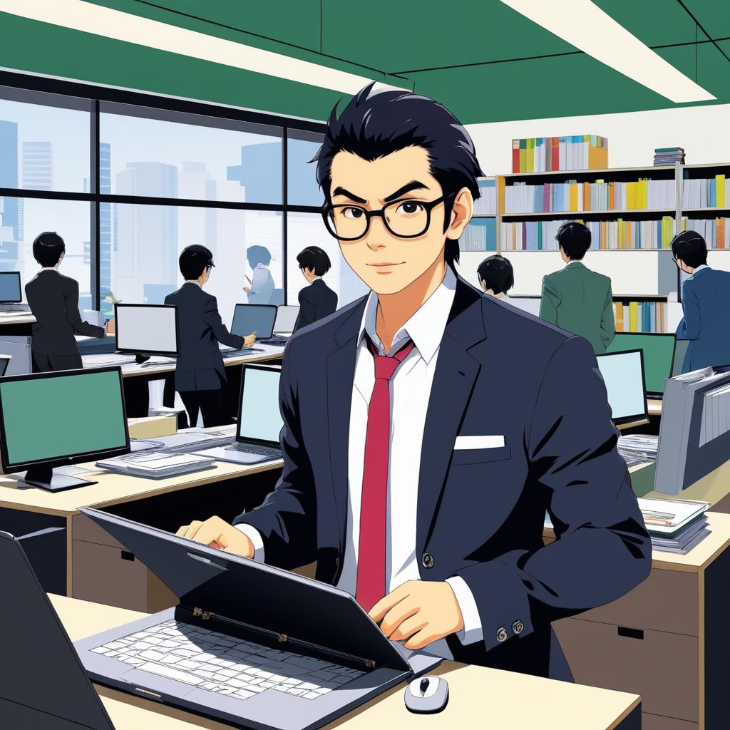 Anime Office Worker in Bustling Scene