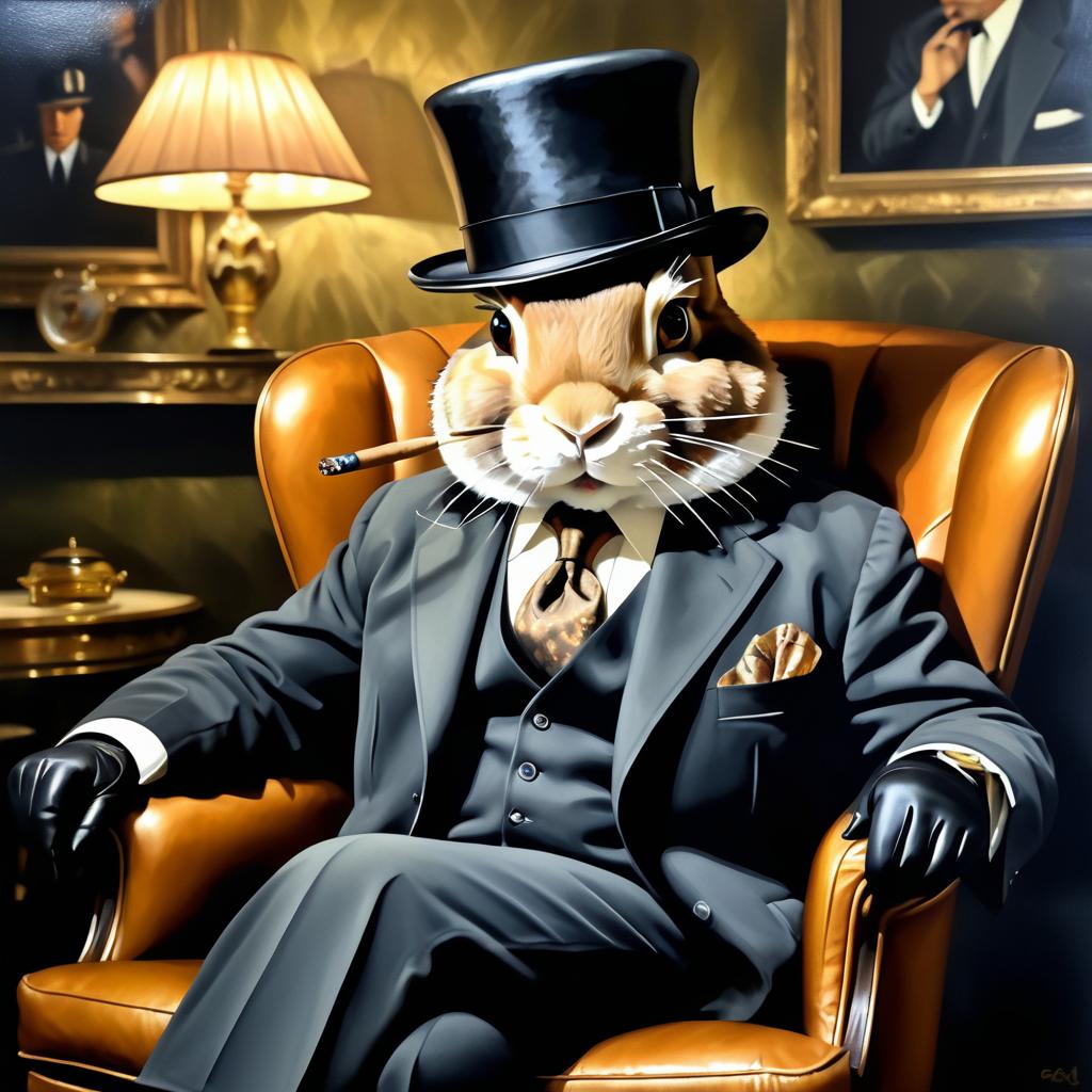 Vintage Mob Boss Rabbit in Oil Painting