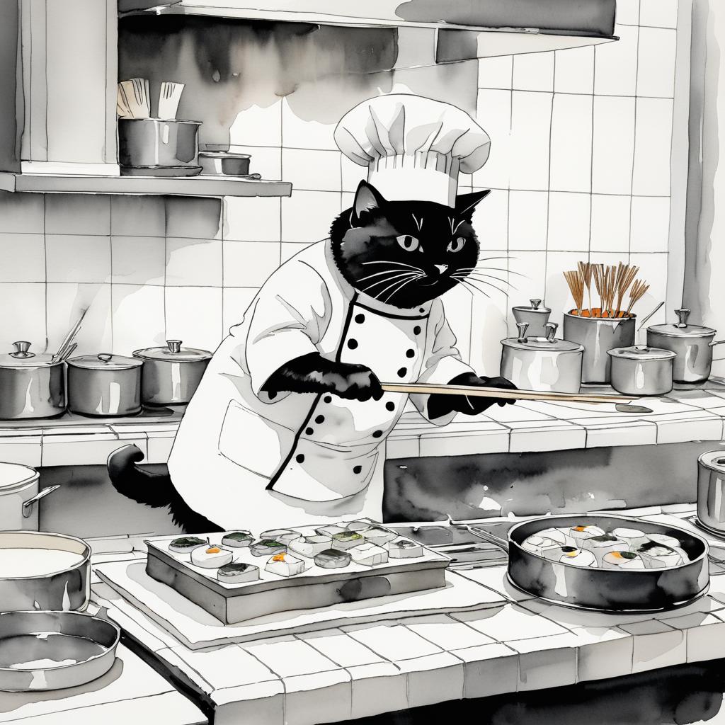 Whimsical Cat Chef Sushi Cartoon