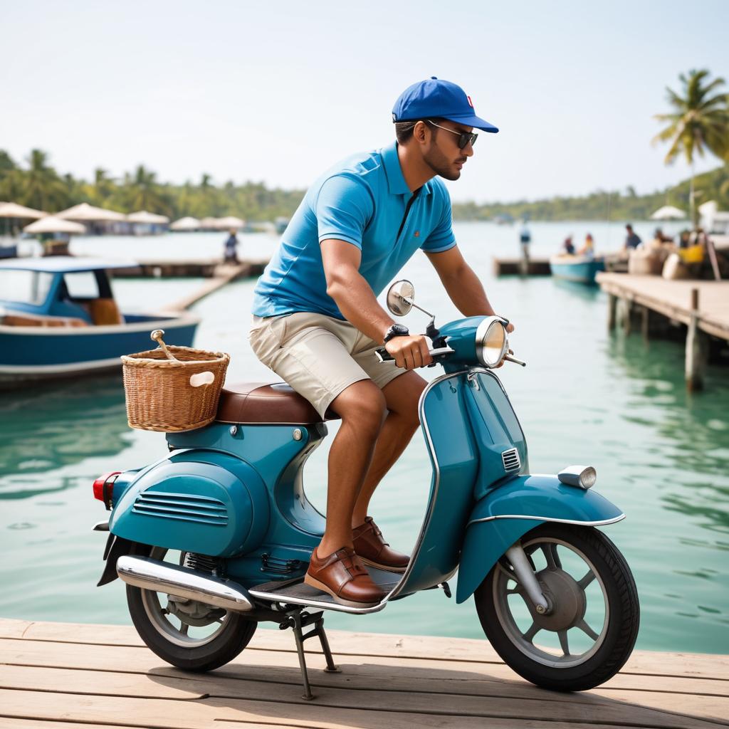 Stylish Rider at a Vibrant Fishing Dock