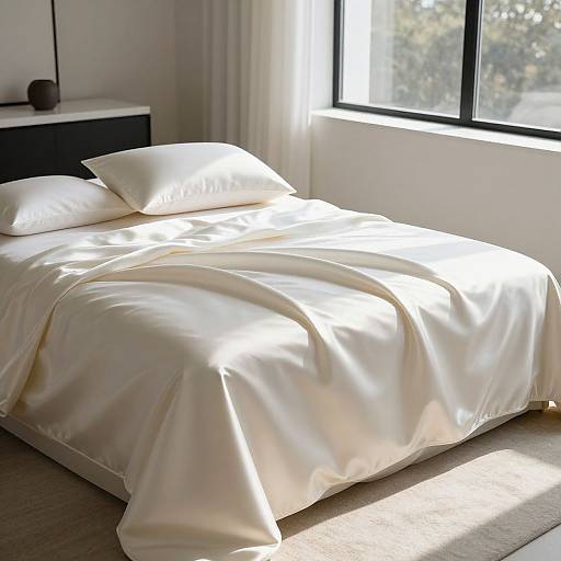 Photograph of a sunlit bedroom featuring a neatly made bed with white, silky sheets and pillows, positioned beside a large window.